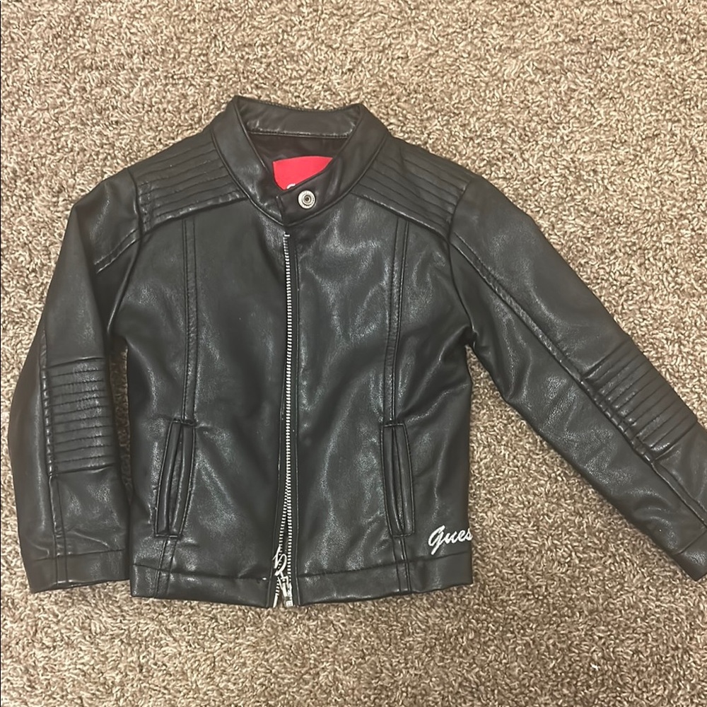 Guess Black Leather Motorcycle Jacket with Quilted Sleeves